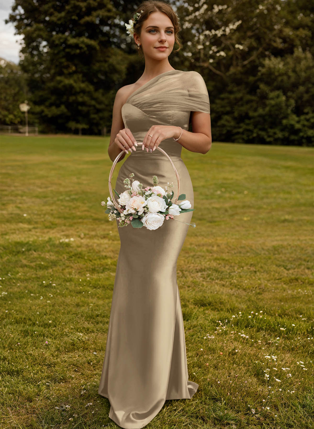 Trumpet/Mermaid One-Shoulder Sleeveless Satin/Tulle Bridesmaid Dresses, product image 271
