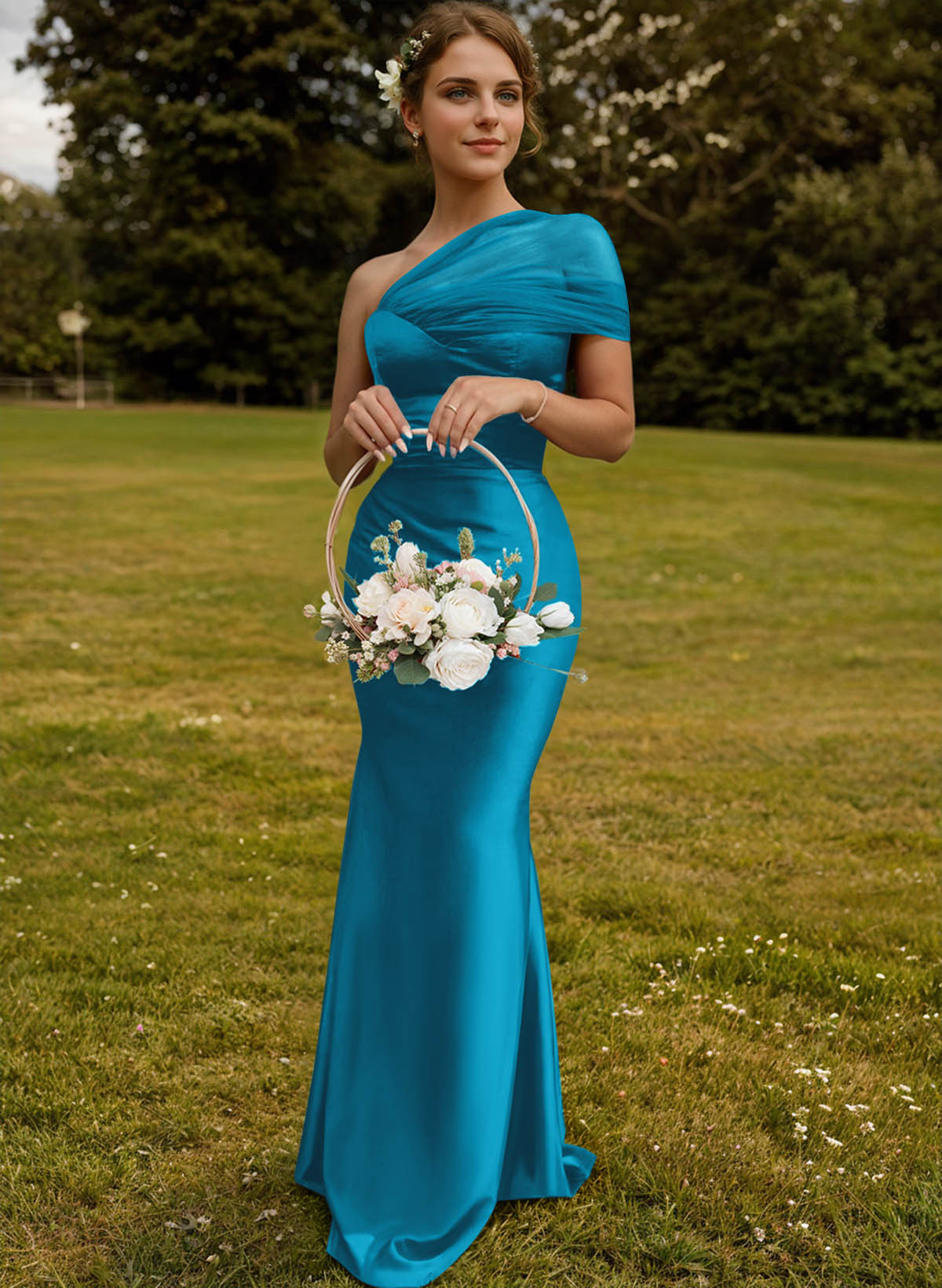 Trumpet/Mermaid One-Shoulder Sleeveless Satin/Tulle Bridesmaid Dresses, product image 346
