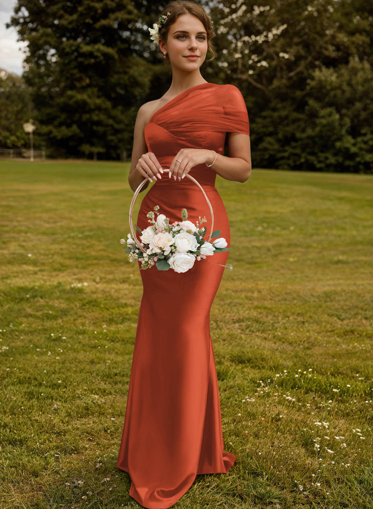 Trumpet/Mermaid One-Shoulder Sleeveless Satin/Tulle Bridesmaid Dresses, product image 341