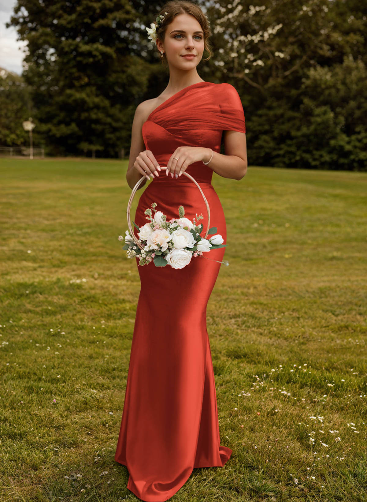 Trumpet/Mermaid One-Shoulder Sleeveless Satin/Tulle Bridesmaid Dresses, product image 146