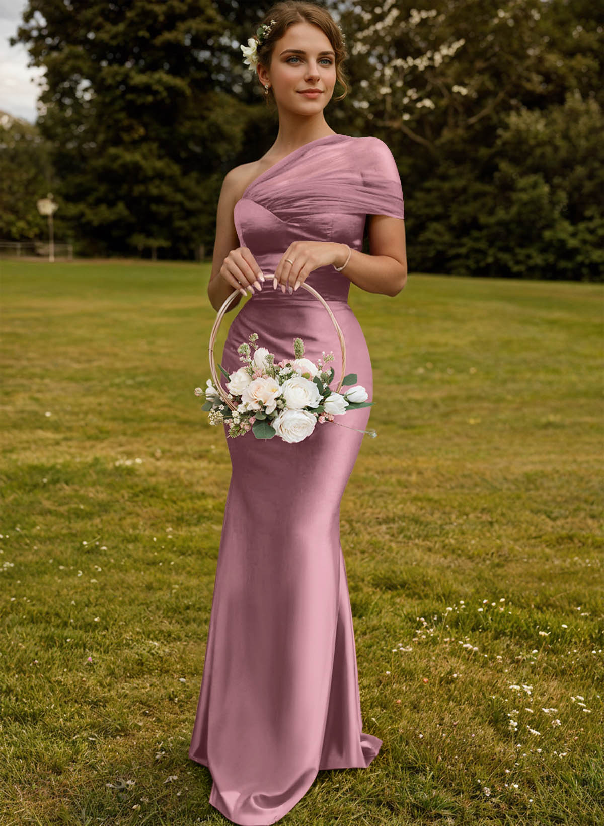 Trumpet/Mermaid One-Shoulder Sleeveless Satin/Tulle Bridesmaid Dresses, product image 186