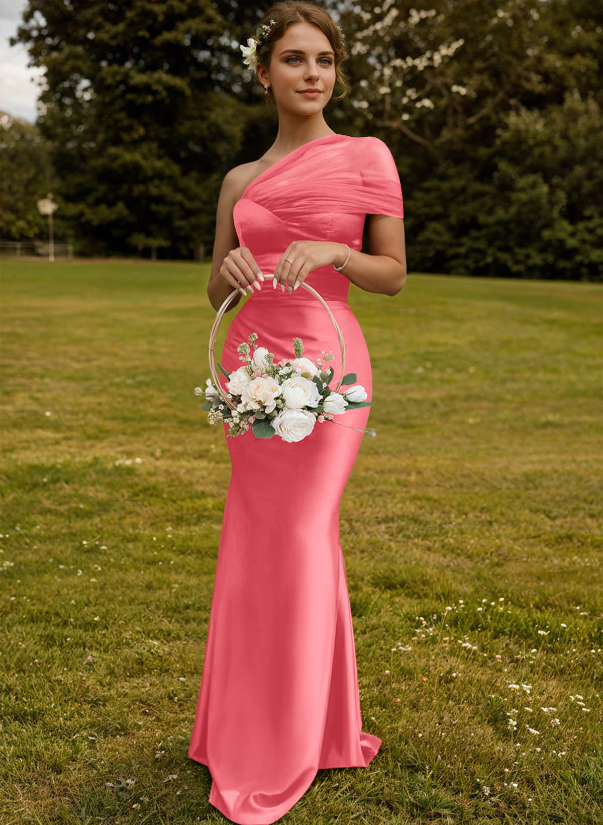 Trumpet/Mermaid One-Shoulder Sleeveless Satin/Tulle Bridesmaid Dresses, product image 151