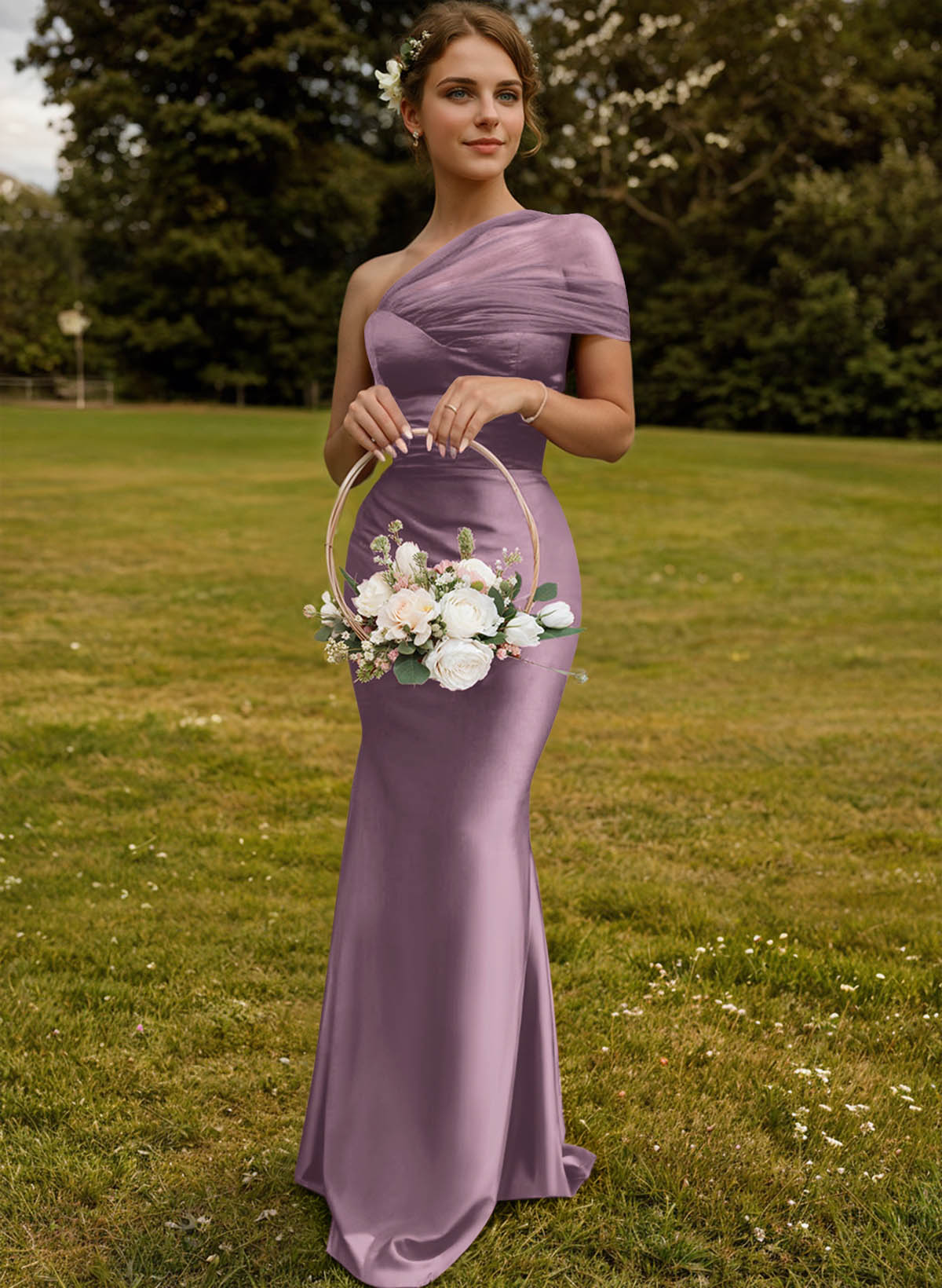 Trumpet/Mermaid One-Shoulder Sleeveless Satin/Tulle Bridesmaid Dresses, product image 181