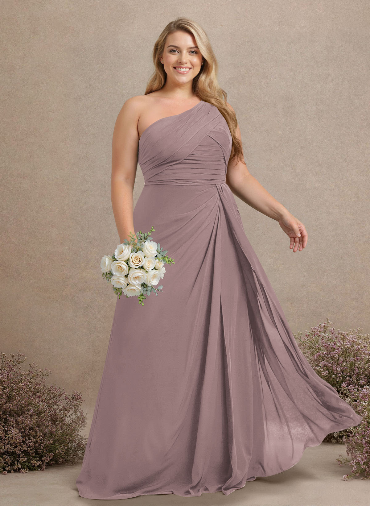 A-Line One-Shoulder Sleeveless Chiffon Bridesmaid Dresses With High Split, product image 259