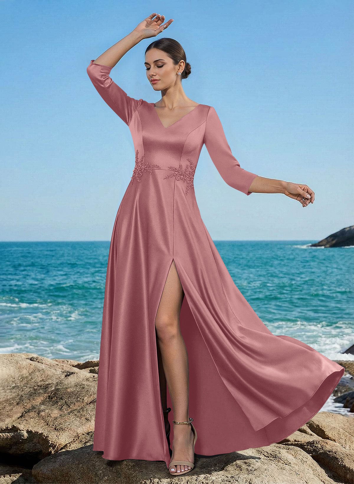 A-Line V-Neck 3/4 Sleeves Floor-Length Satin Mother Of The Bride Dresses With Rhinestone/High Split