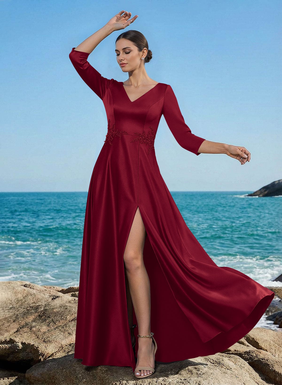 A-Line V-Neck 3/4 Sleeves Floor-Length Satin Mother Of The Bride Dresses With Rhinestone/High Split