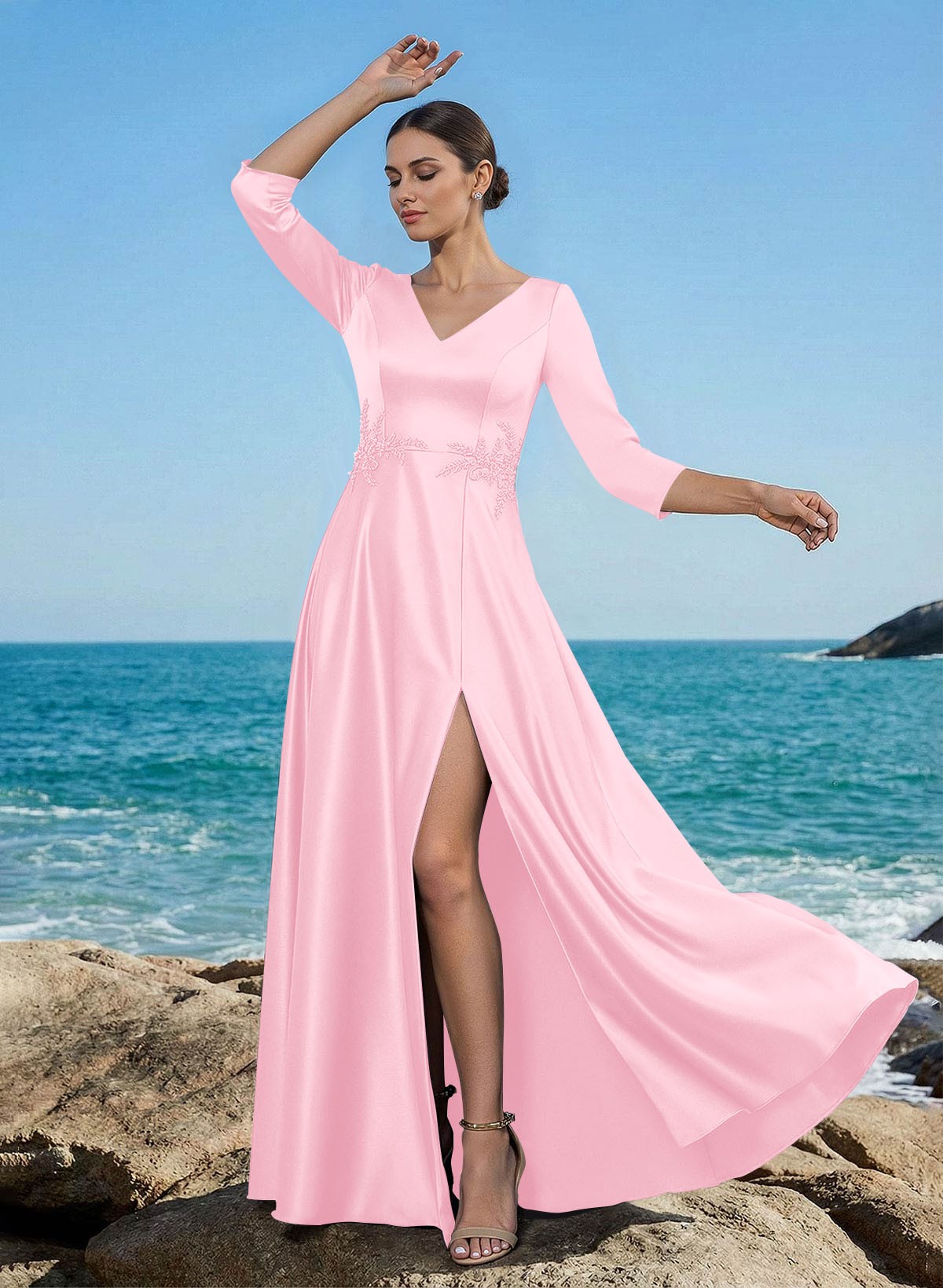 A-Line V-Neck 3/4 Sleeves Floor-Length Satin Mother Of The Bride Dresses With Rhinestone/High Split
