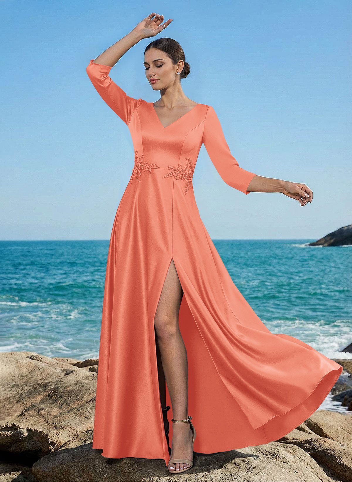 A-Line V-Neck 3/4 Sleeves Floor-Length Satin Mother Of The Bride Dresses With Rhinestone/High Split
