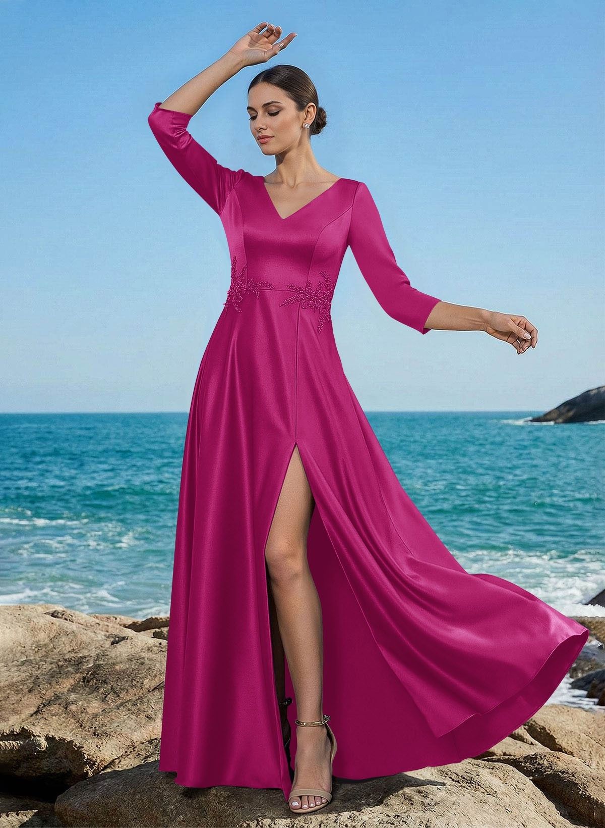 A-Line V-Neck 3/4 Sleeves Floor-Length Satin Mother Of The Bride Dresses With Rhinestone/High Split