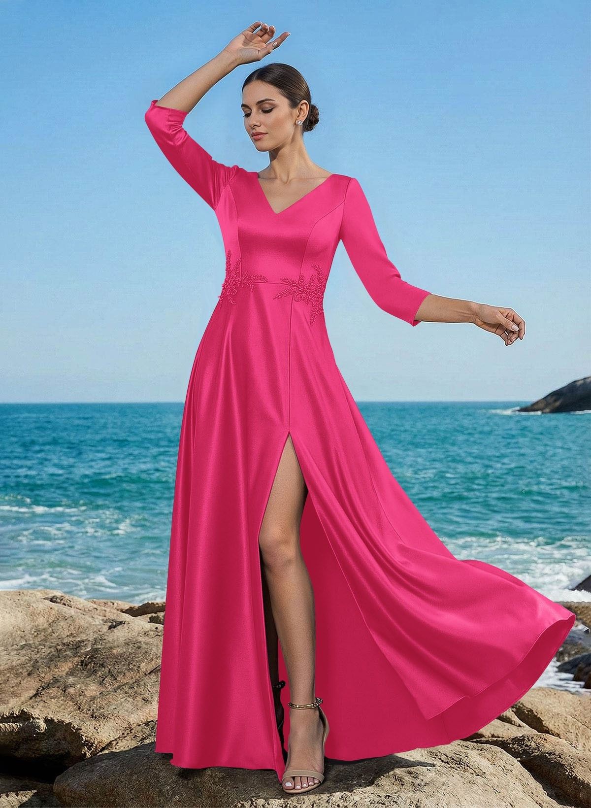 A-Line V-Neck 3/4 Sleeves Floor-Length Satin Mother Of The Bride Dresses With Rhinestone/High Split