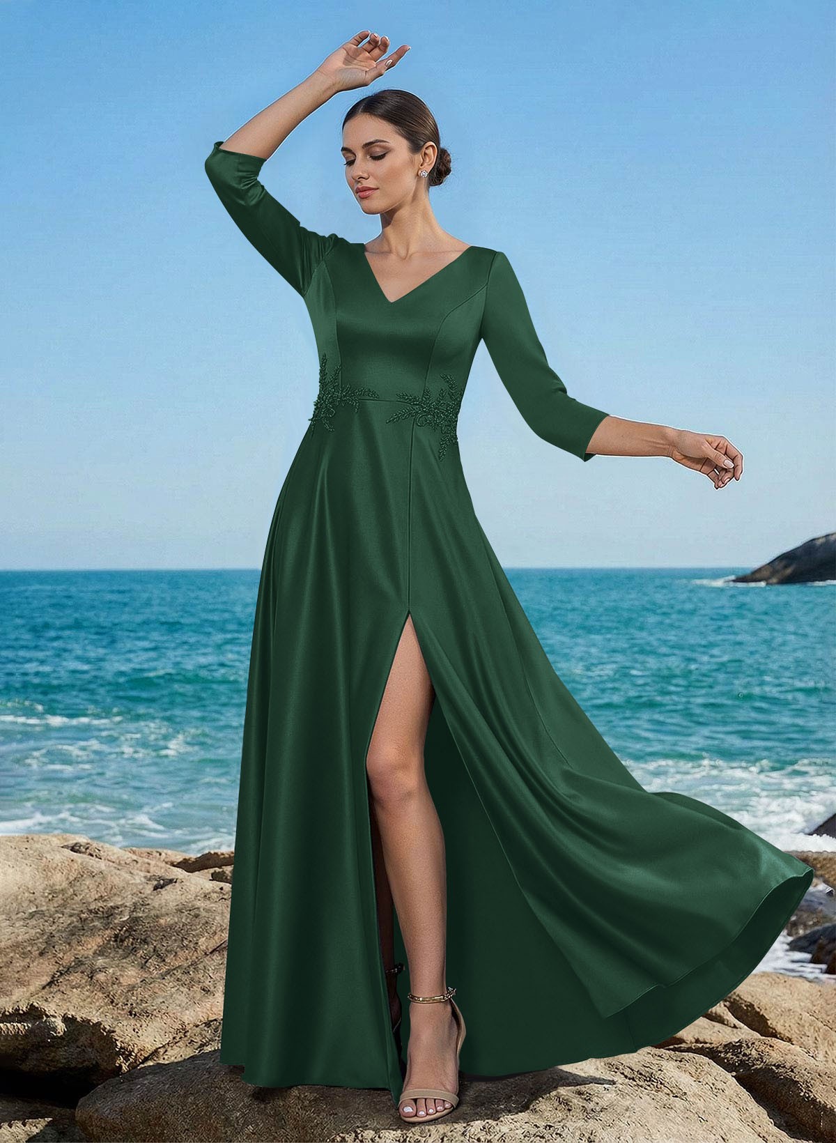 A-Line V-Neck 3/4 Sleeves Floor-Length Satin Mother Of The Bride Dresses With Rhinestone/High Split