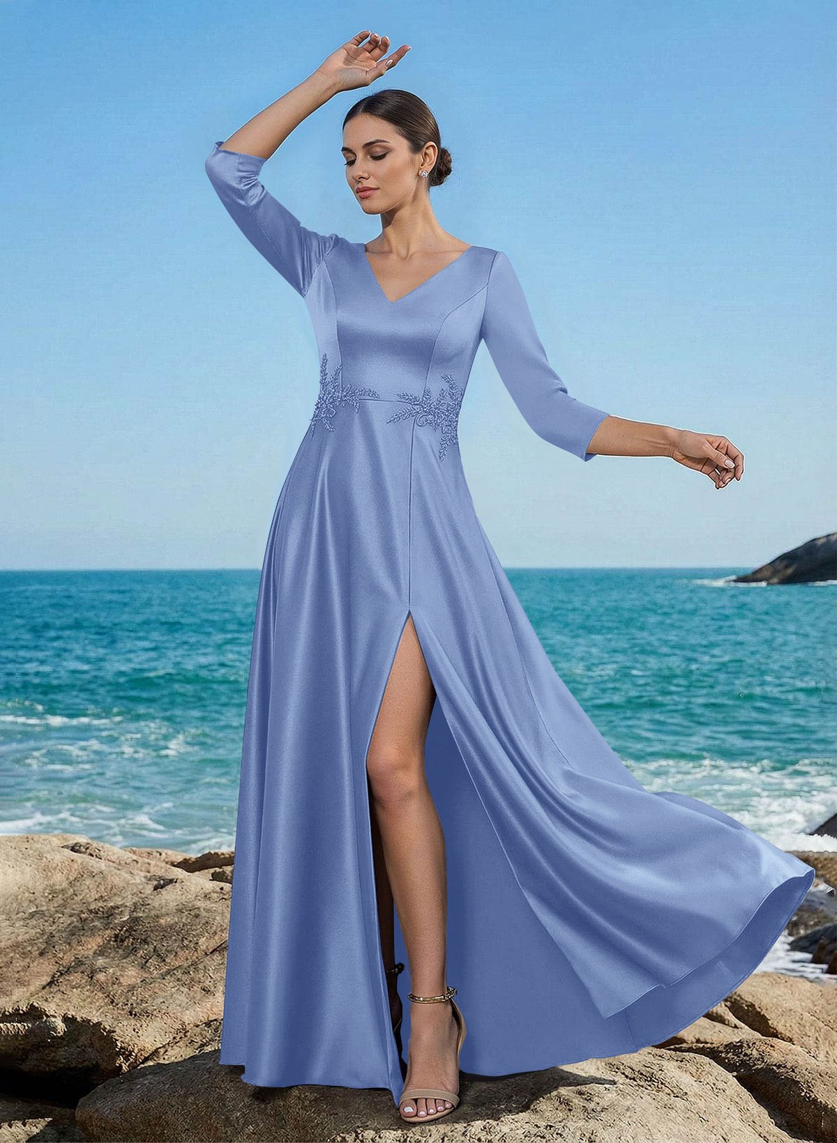 A-Line V-Neck 3/4 Sleeves Floor-Length Satin Mother Of The Bride Dresses With Rhinestone/High Split