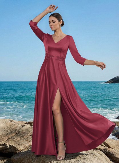 A-Line V-Neck 3/4 Sleeves Floor-Length Satin Mother Of The Bride Dresses With Rhinestone/High Split