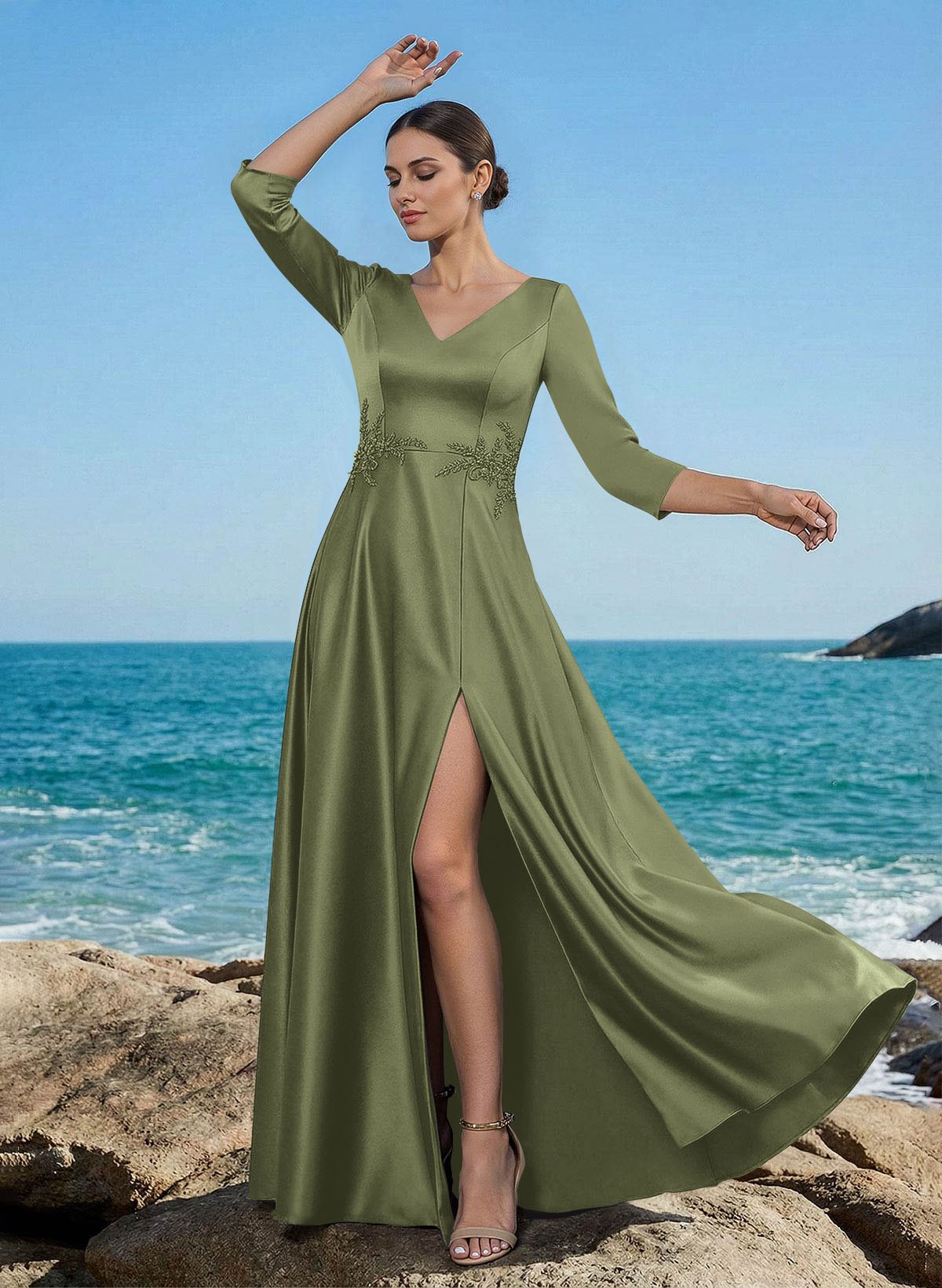 A-Line V-Neck 3/4 Sleeves Floor-Length Satin Mother Of The Bride Dresses With Rhinestone/High Split