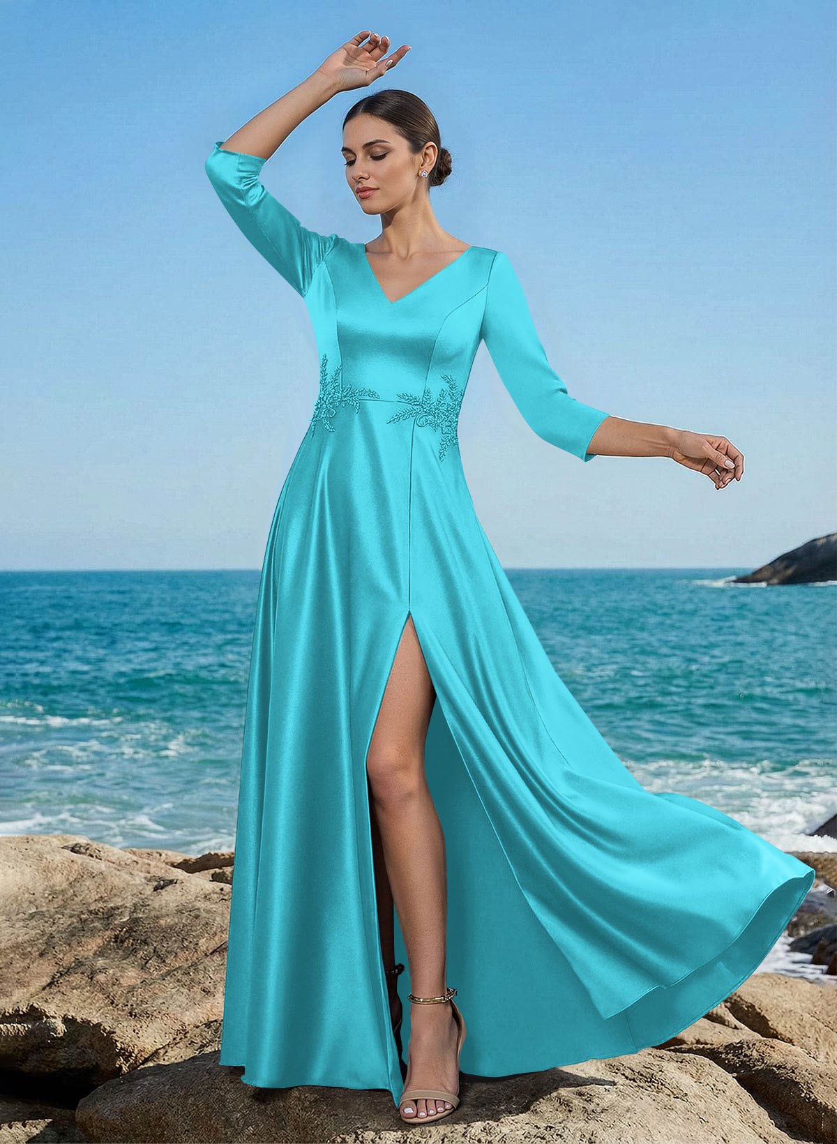 A-Line V-Neck 3/4 Sleeves Floor-Length Satin Mother Of The Bride Dresses With Rhinestone/High Split