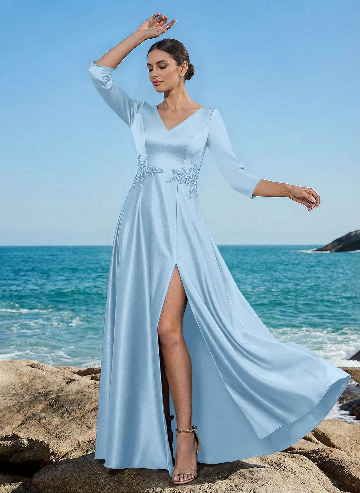 A-Line V-Neck 3/4 Sleeves Floor-Length Satin Mother Of The Bride Dresses With Rhinestone/High Split