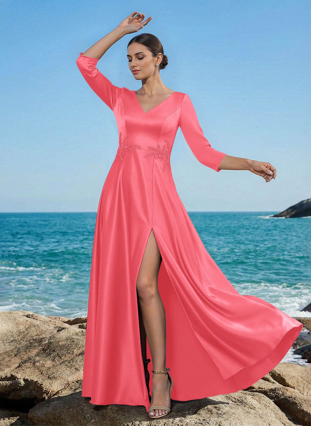 A-Line V-Neck 3/4 Sleeves Floor-Length Satin Mother Of The Bride Dresses With Rhinestone/High Split