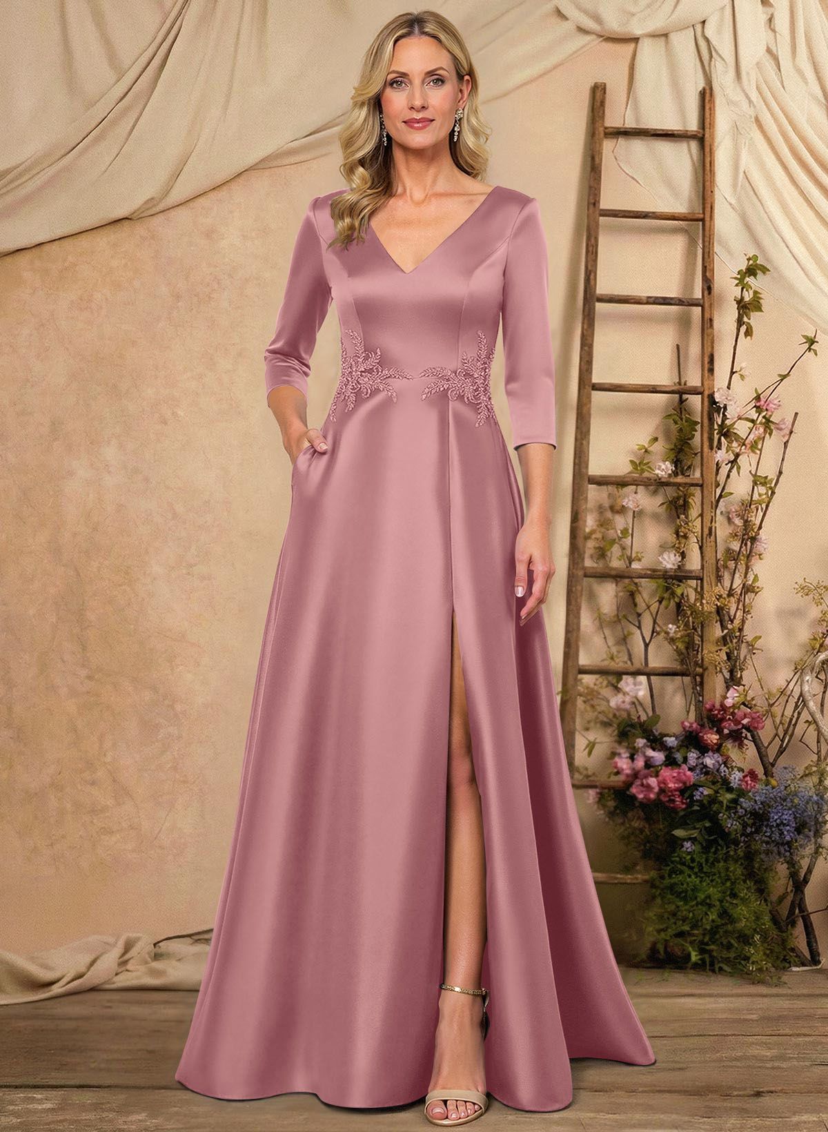 A-Line V-Neck 3/4 Sleeves Floor-Length Satin Mother Of The Bride Dresses With Rhinestone/High Split