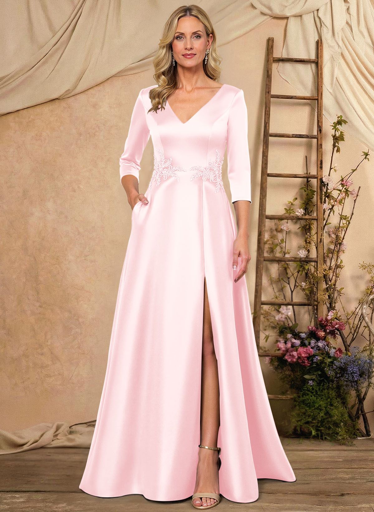 A-Line V-Neck 3/4 Sleeves Floor-Length Satin Mother Of The Bride Dresses With Rhinestone/High Split