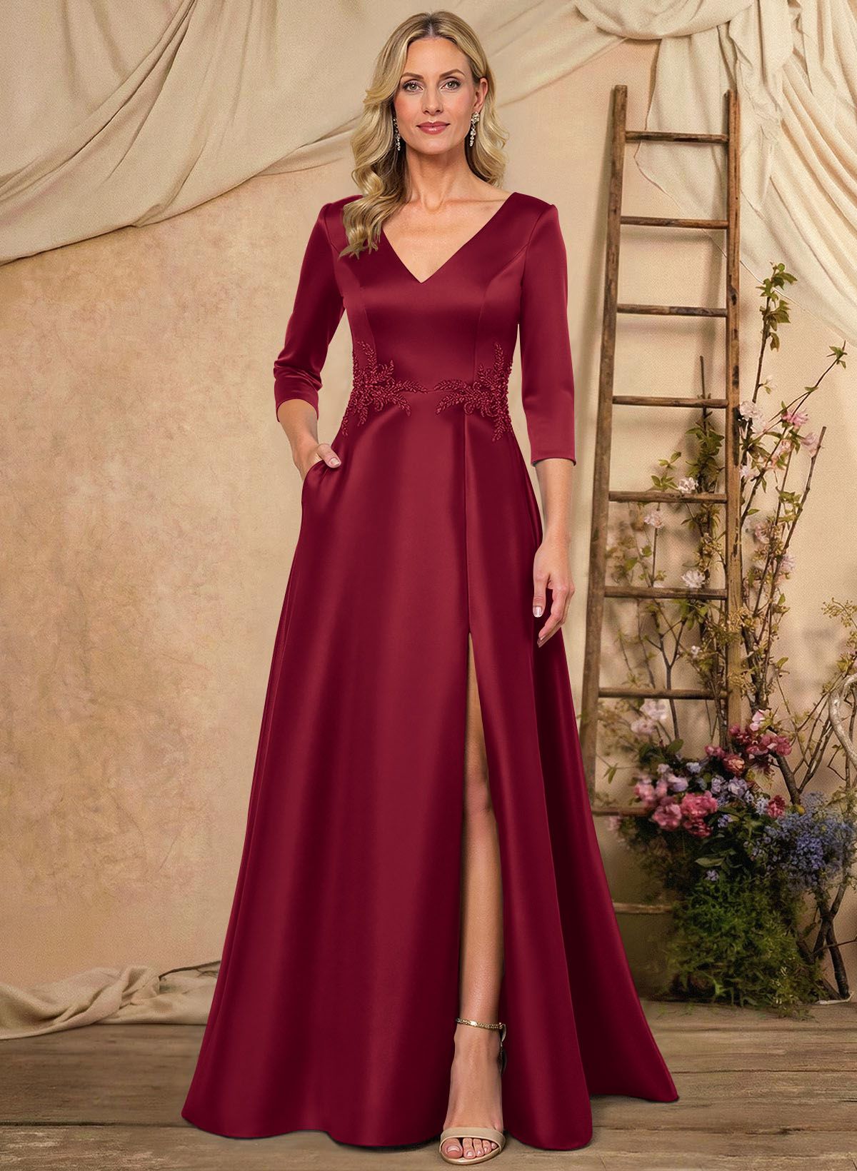 A-Line V-Neck 3/4 Sleeves Floor-Length Satin Mother Of The Bride Dresses With Rhinestone/High Split
