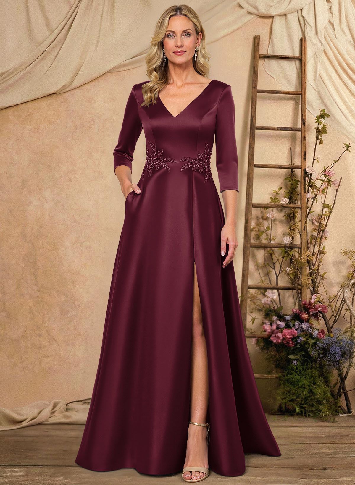 A-Line V-Neck 3/4 Sleeves Floor-Length Satin Mother Of The Bride Dresses With Rhinestone/High Split