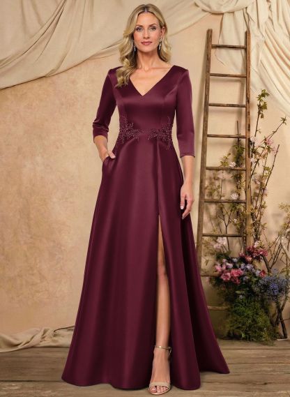 A-Line V-Neck 3/4 Sleeves Floor-Length Satin Mother Of The Bride Dresses With Rhinestone/High Split