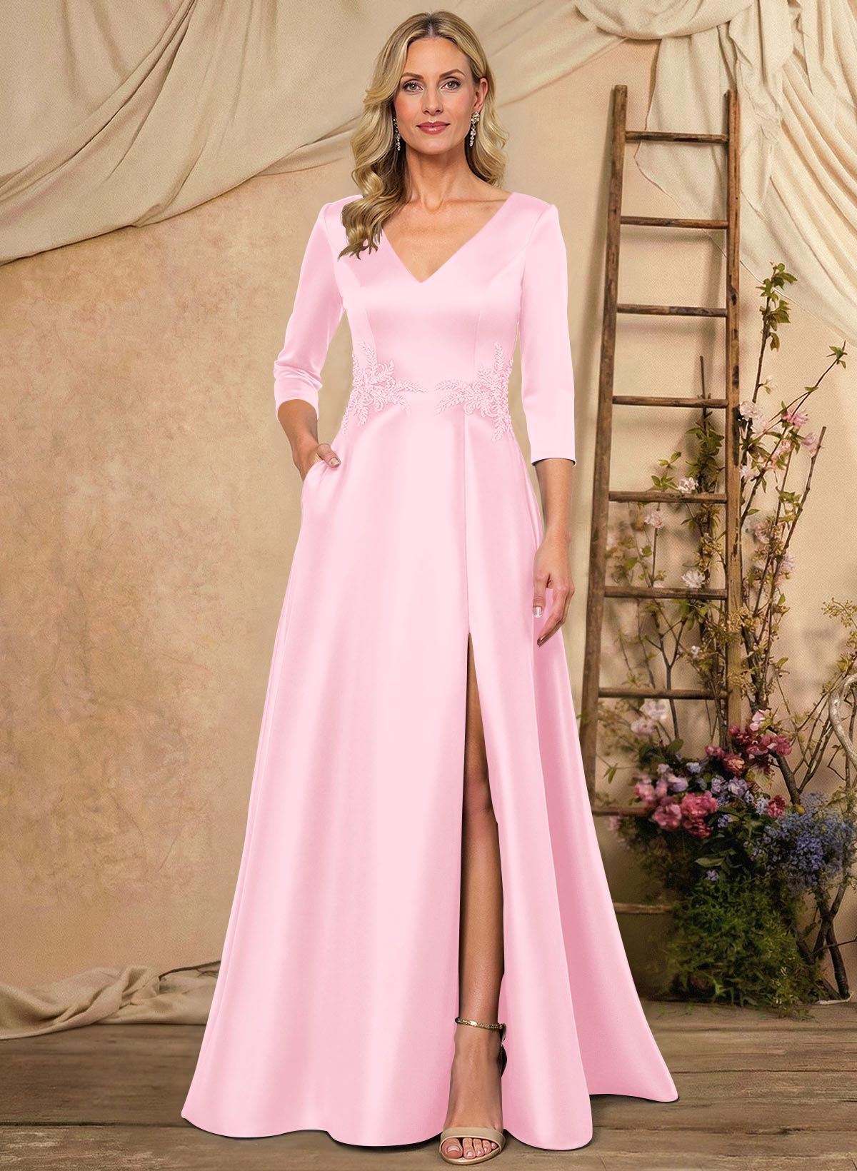 A-Line V-Neck 3/4 Sleeves Floor-Length Satin Mother Of The Bride Dresses With Rhinestone/High Split