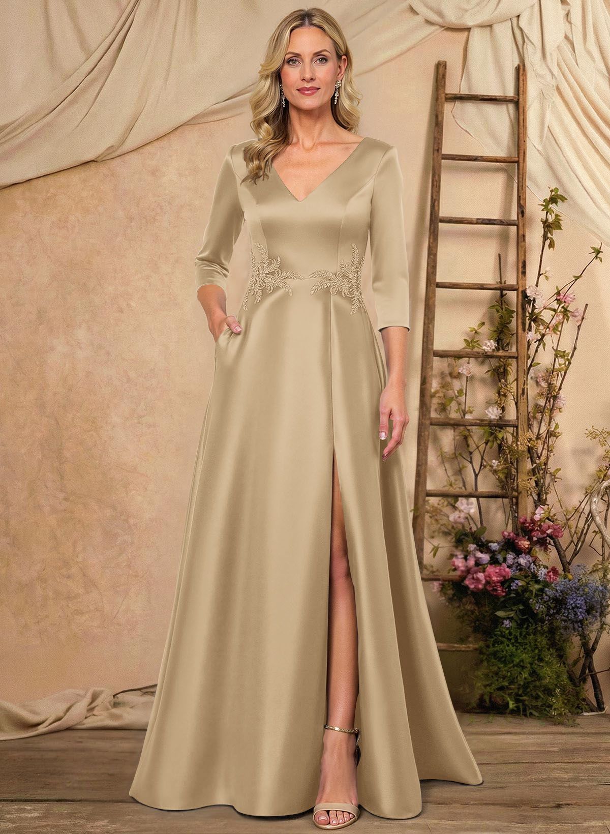 A-Line V-Neck 3/4 Sleeves Floor-Length Satin Mother Of The Bride Dresses With Rhinestone/High Split