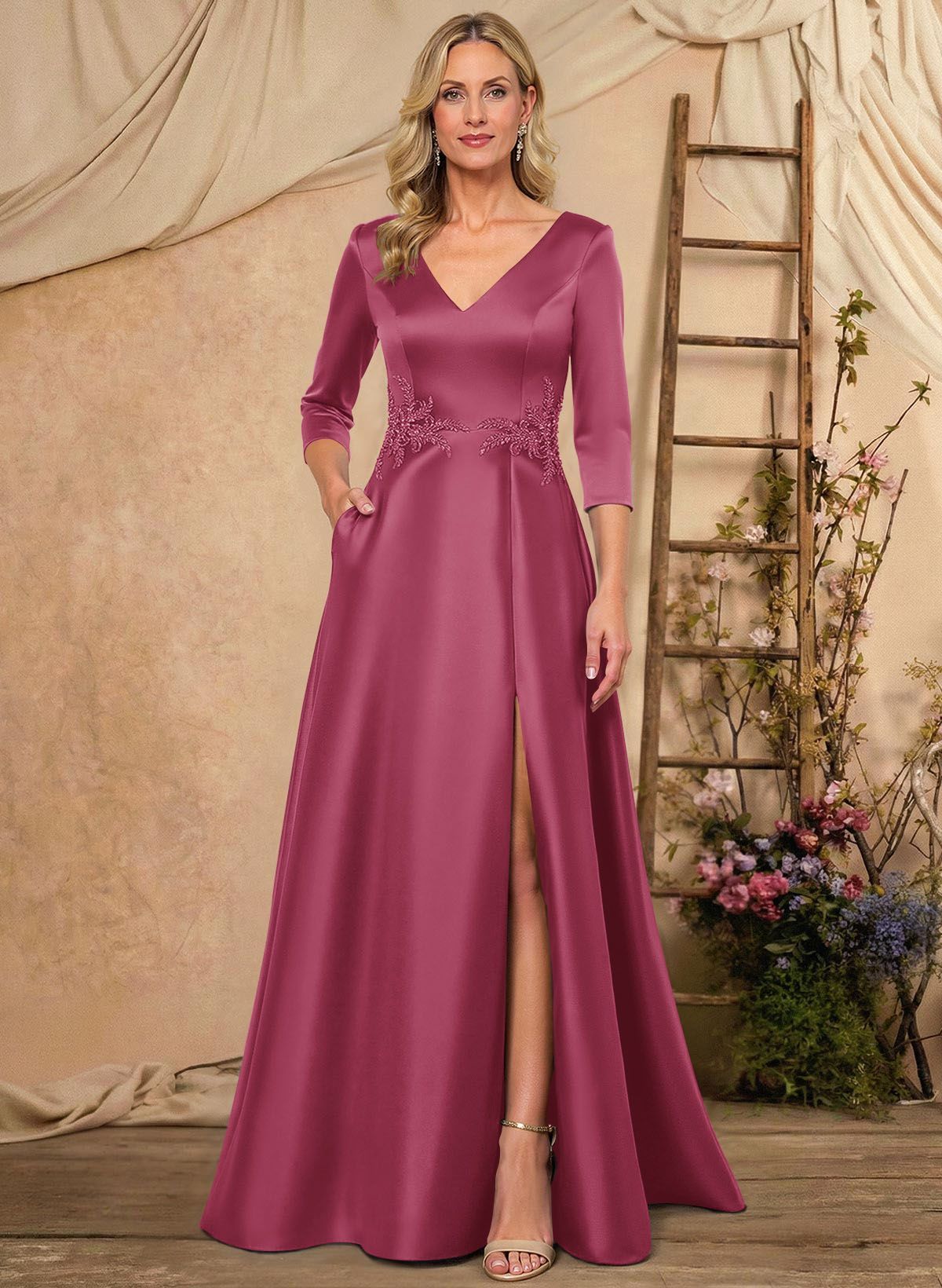 A-Line V-Neck 3/4 Sleeves Floor-Length Satin Mother Of The Bride Dresses With Rhinestone/High Split