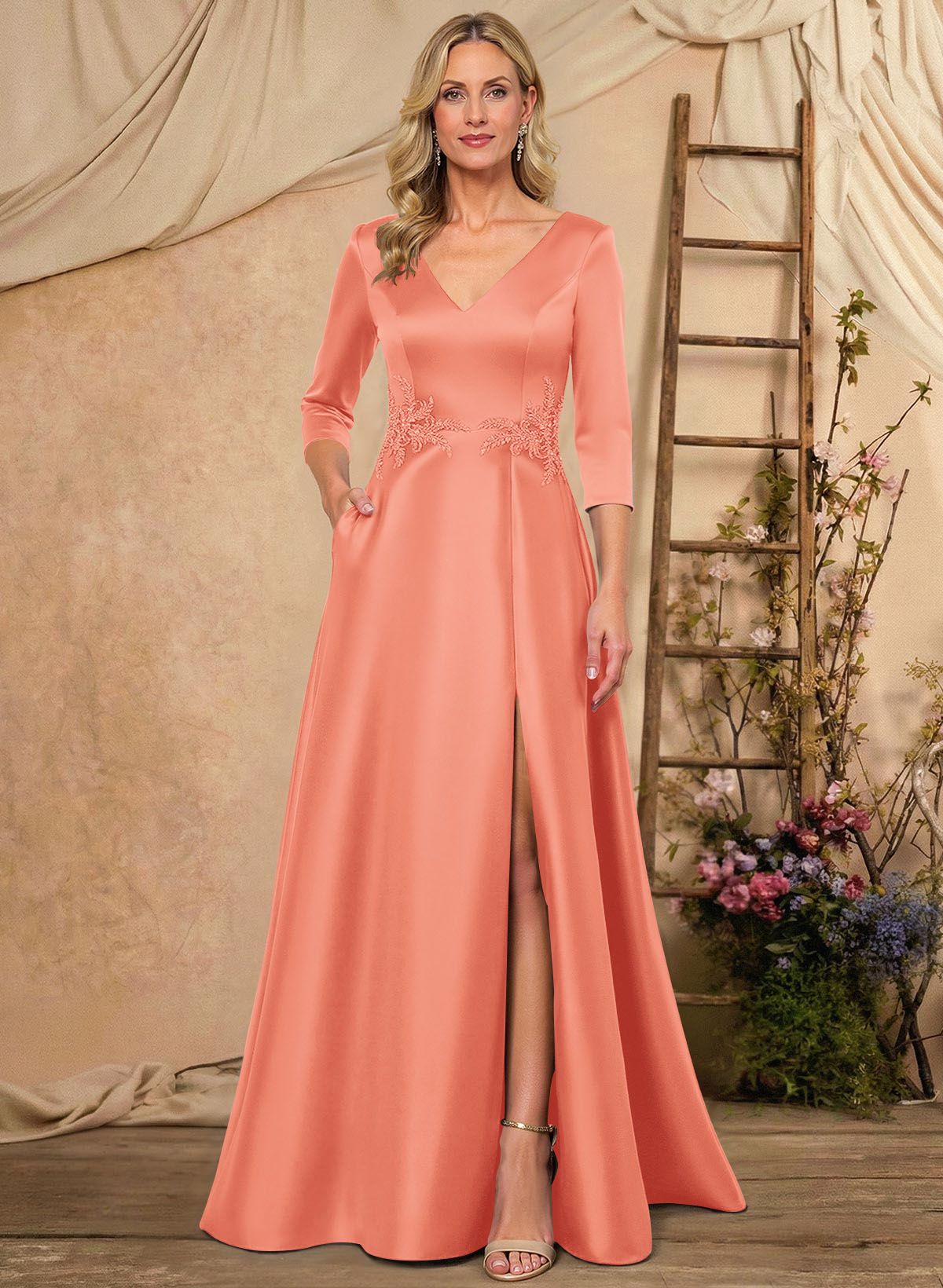 A-Line V-Neck 3/4 Sleeves Floor-Length Satin Mother Of The Bride Dresses With Rhinestone/High Split