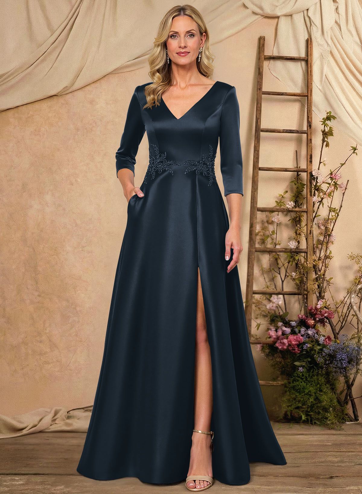 A-Line V-Neck 3/4 Sleeves Floor-Length Satin Mother Of The Bride Dresses With Rhinestone/High Split