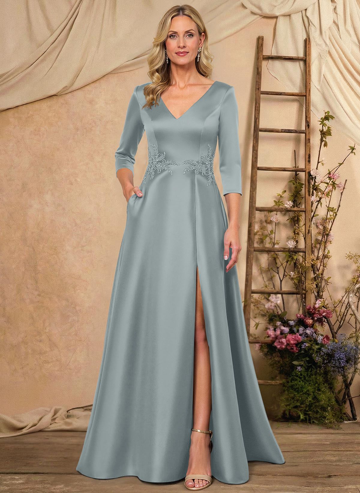 A-Line V-Neck 3/4 Sleeves Floor-Length Satin Mother Of The Bride Dresses With Rhinestone/High Split