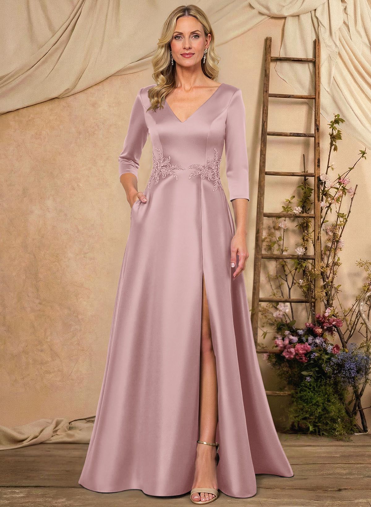 A-Line V-Neck 3/4 Sleeves Floor-Length Satin Mother Of The Bride Dresses With Rhinestone/High Split