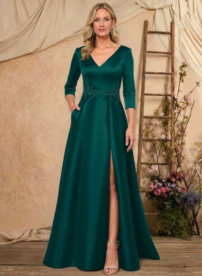 A-Line V-Neck 3/4 Sleeves Floor-Length Satin Mother Of The Bride Dresses With Rhinestone/High Split