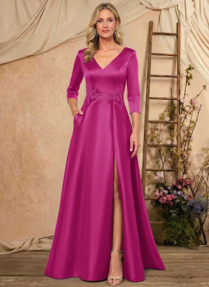 A-Line V-Neck 3/4 Sleeves Floor-Length Satin Mother Of The Bride Dresses With Rhinestone/High Split