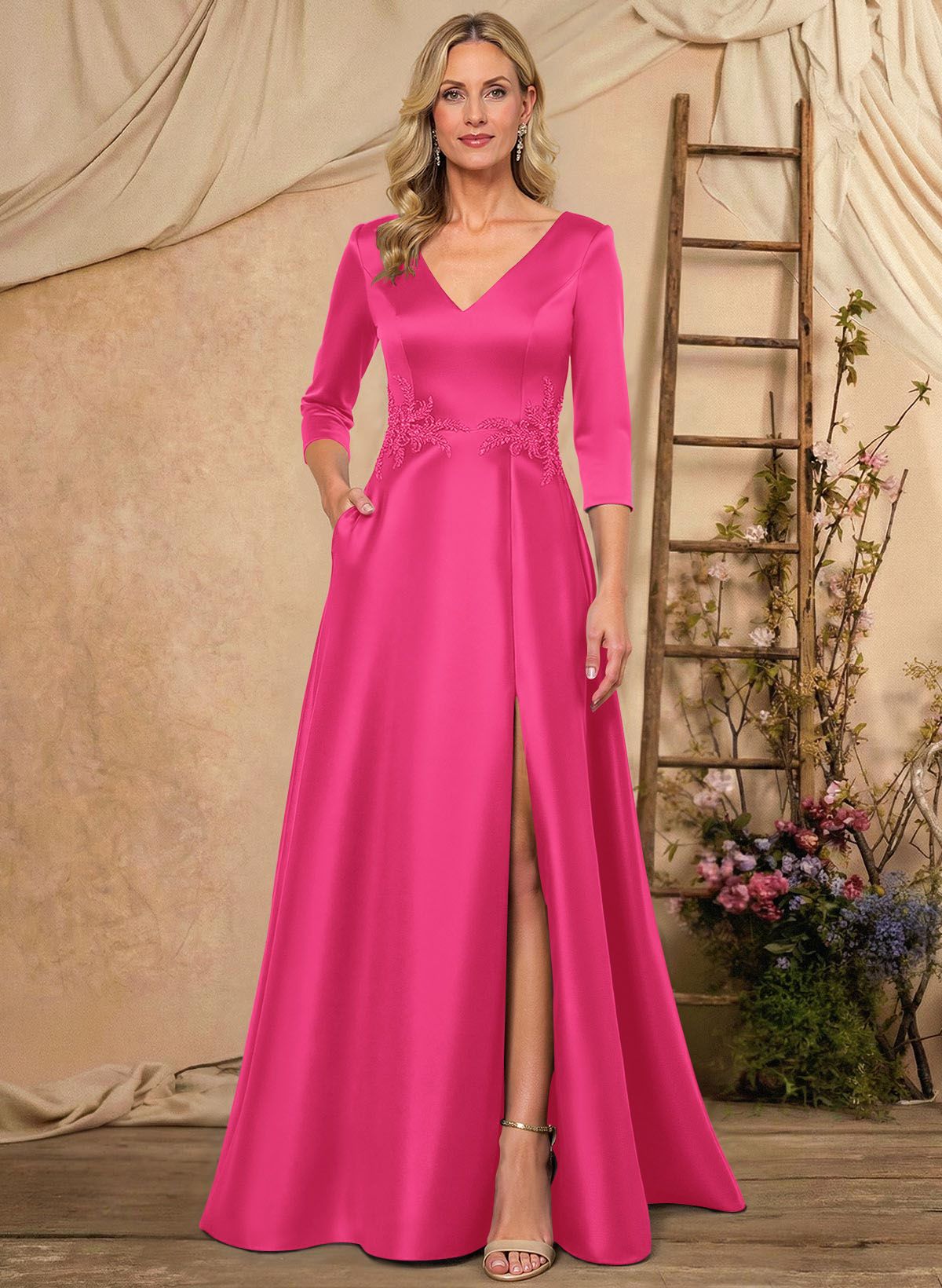 A-Line V-Neck 3/4 Sleeves Floor-Length Satin Mother Of The Bride Dresses With Rhinestone/High Split