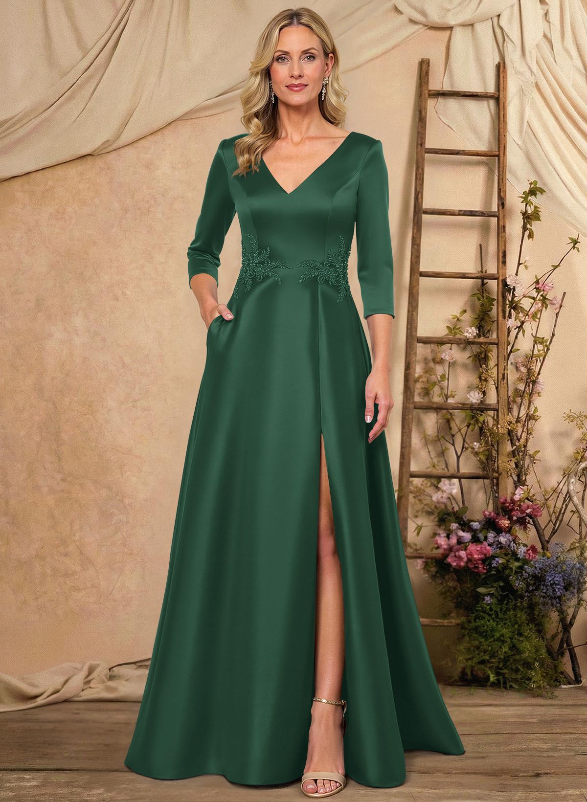 A-Line V-Neck 3/4 Sleeves Floor-Length Satin Mother Of The Bride Dresses With Rhinestone/High Split
