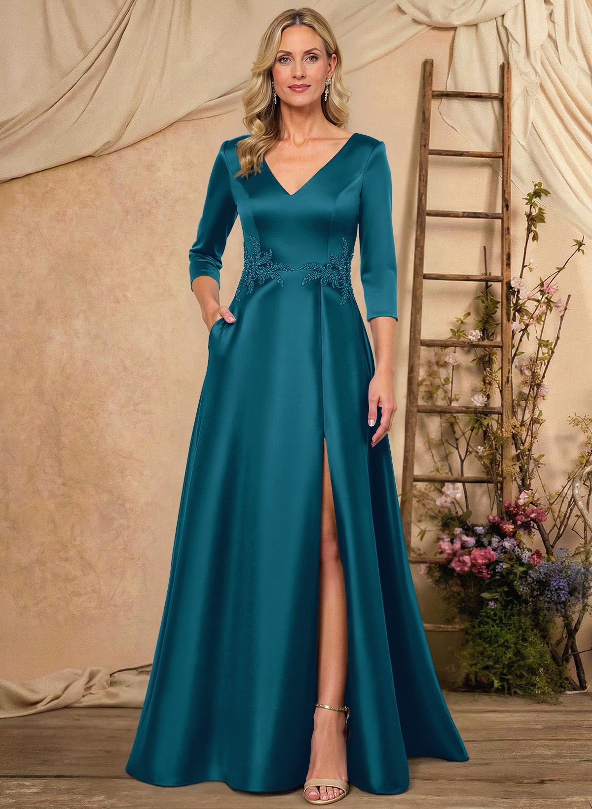 A-Line V-Neck 3/4 Sleeves Floor-Length Satin Mother Of The Bride Dresses With Rhinestone/High Split