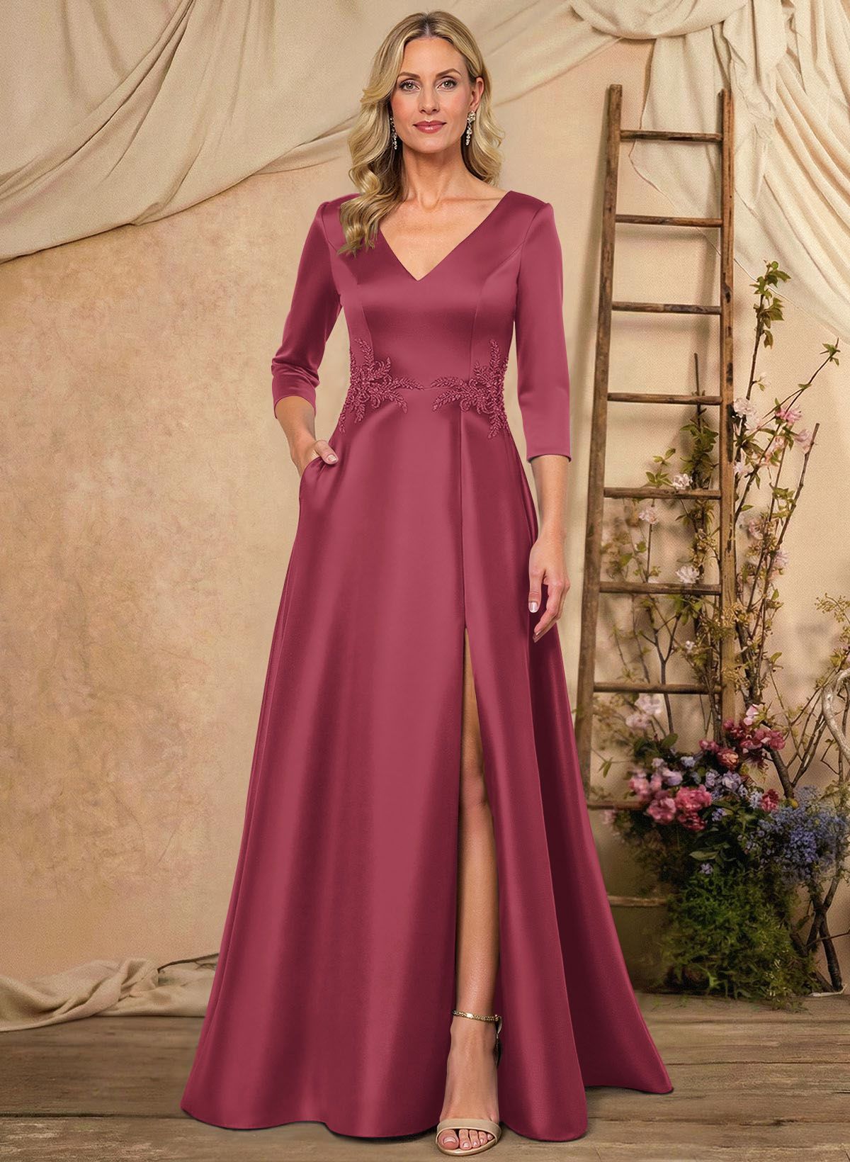 A-Line V-Neck 3/4 Sleeves Floor-Length Satin Mother Of The Bride Dresses With Rhinestone/High Split