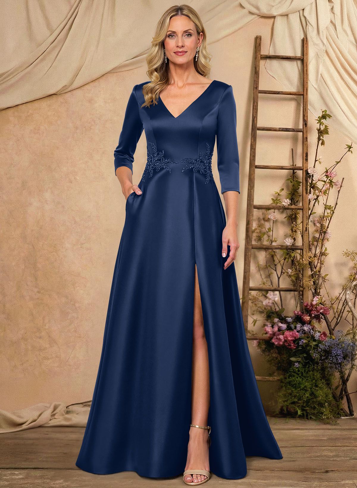 A-Line V-Neck 3/4 Sleeves Floor-Length Satin Mother Of The Bride Dresses With Rhinestone/High Split