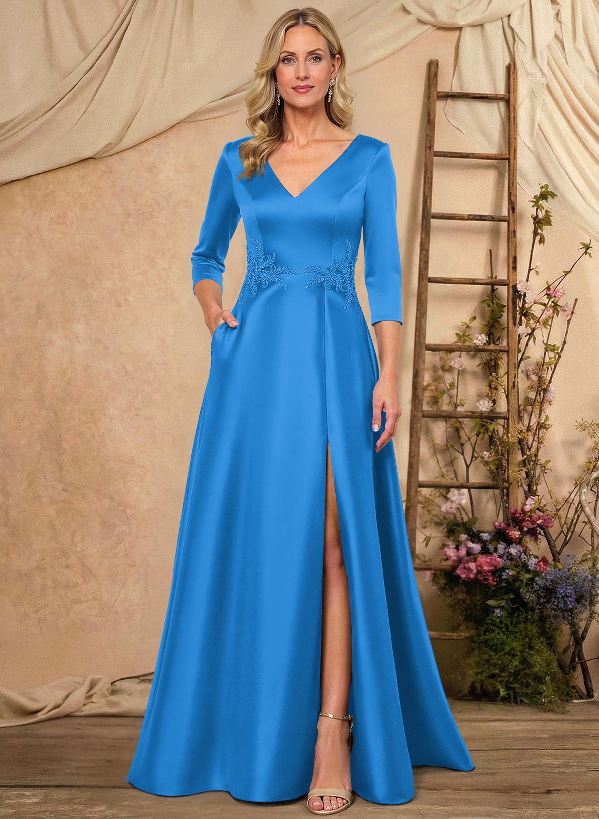 A-Line V-Neck 3/4 Sleeves Floor-Length Satin Mother Of The Bride Dresses With Rhinestone/High Split