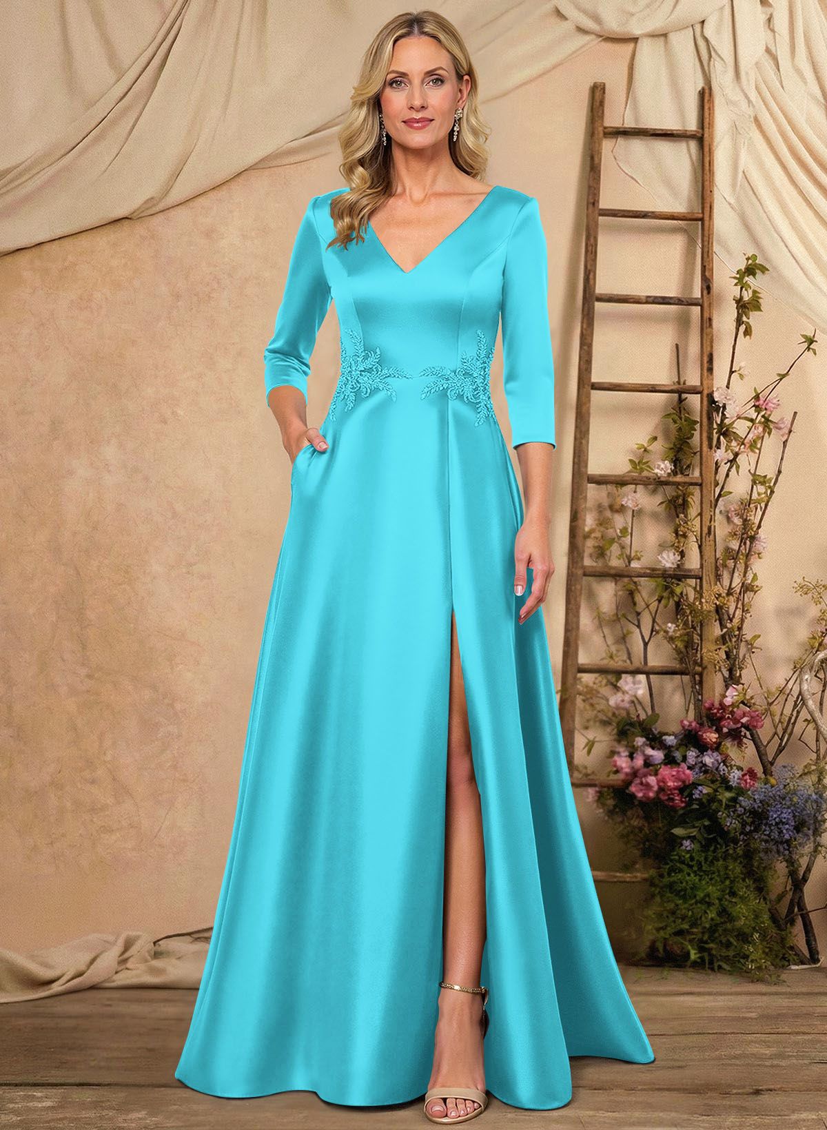 A-Line V-Neck 3/4 Sleeves Floor-Length Satin Mother Of The Bride Dresses With Rhinestone/High Split