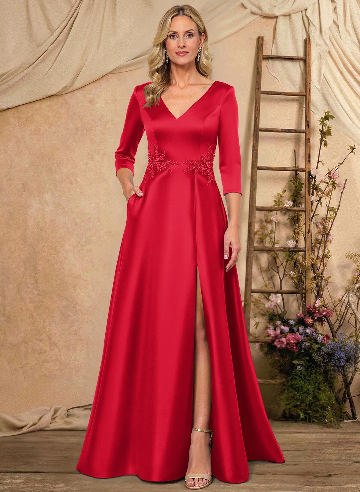 A-Line V-Neck 3/4 Sleeves Floor-Length Satin Mother Of The Bride Dresses With Rhinestone/High Split