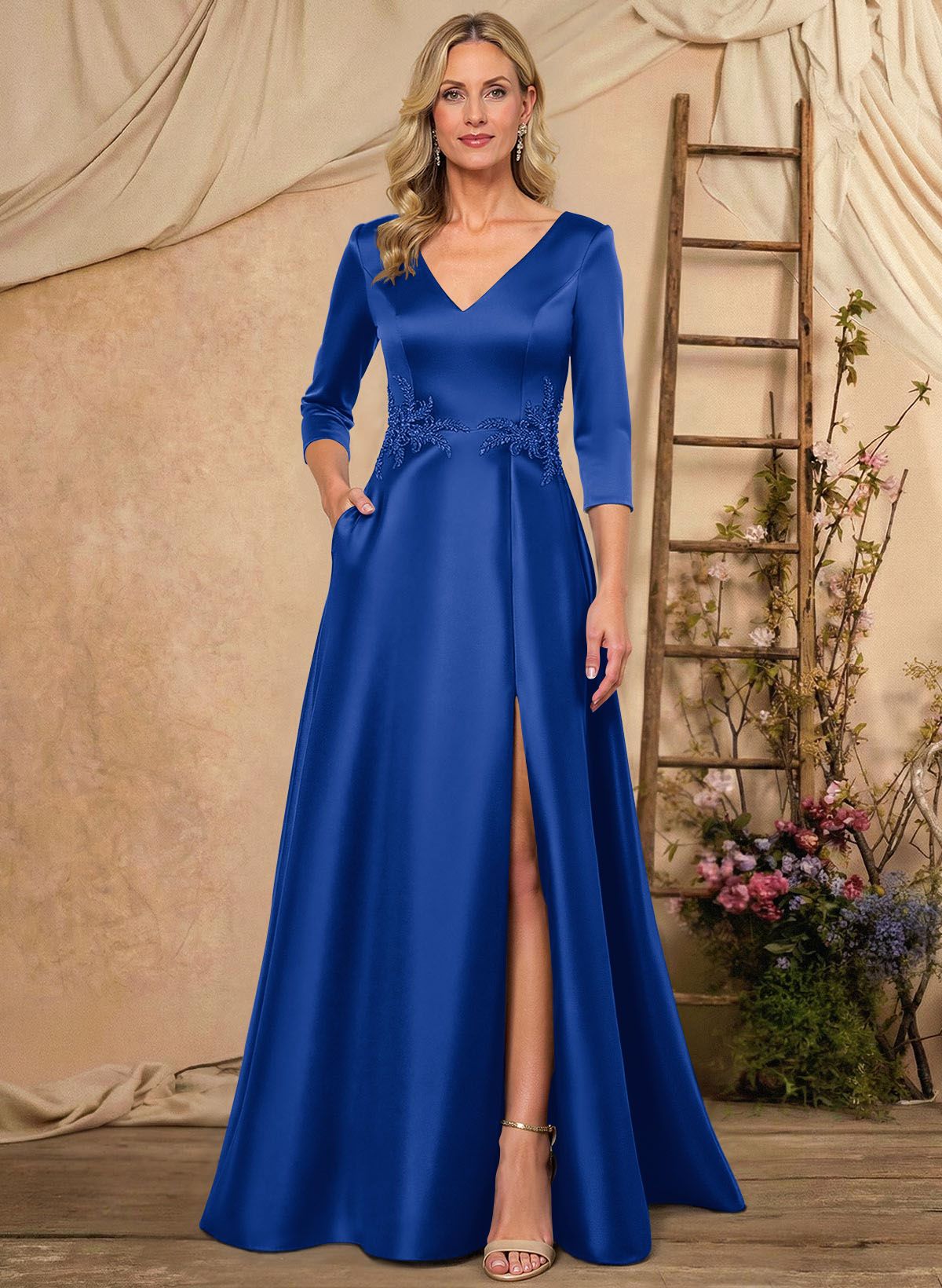 A-Line V-Neck 3/4 Sleeves Floor-Length Satin Mother Of The Bride Dresses With Rhinestone/High Split
