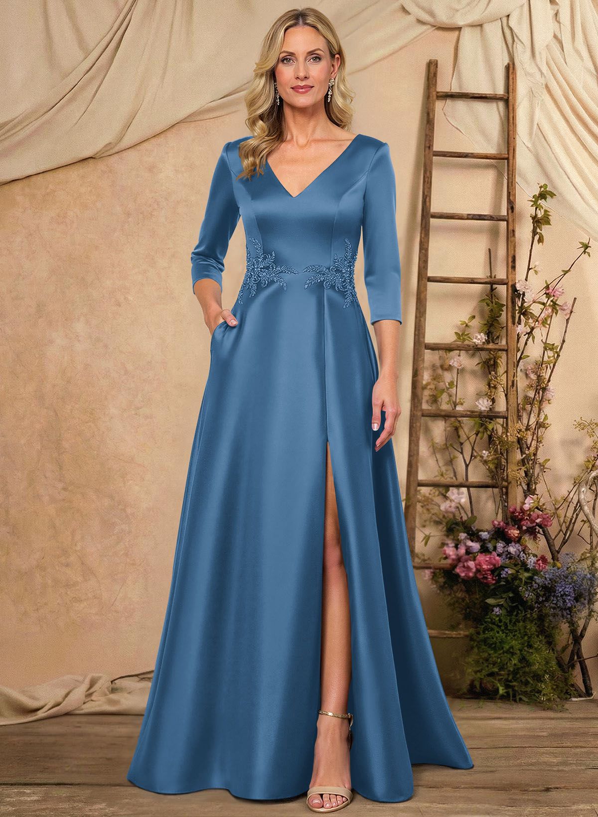 A-Line V-Neck 3/4 Sleeves Floor-Length Satin Mother Of The Bride Dresses With Rhinestone/High Split