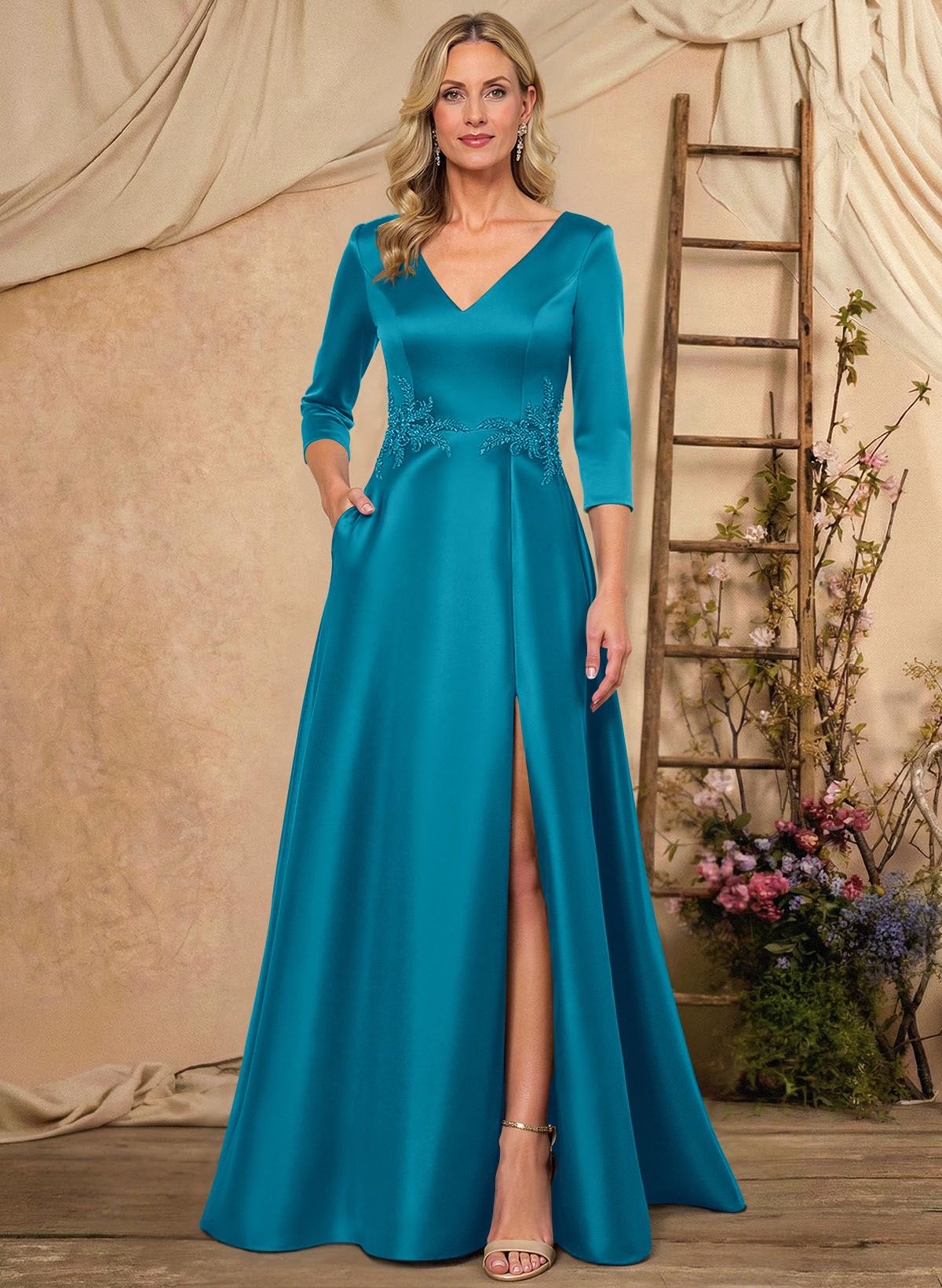 A-Line V-Neck 3/4 Sleeves Floor-Length Satin Mother Of The Bride Dresses With Rhinestone/High Split