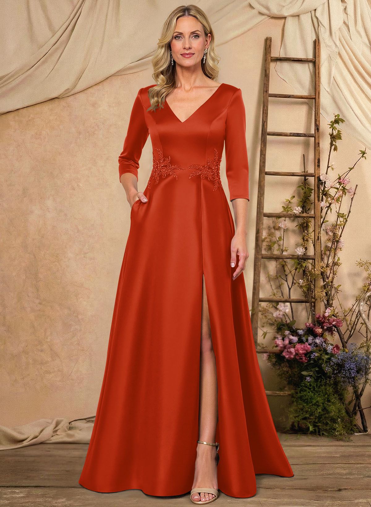 A-Line V-Neck 3/4 Sleeves Floor-Length Satin Mother Of The Bride Dresses With Rhinestone/High Split