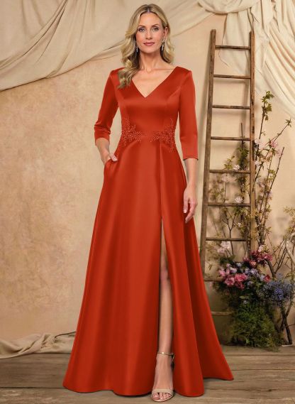 A-Line V-Neck 3/4 Sleeves Floor-Length Satin Mother Of The Bride Dresses With Rhinestone/High Split