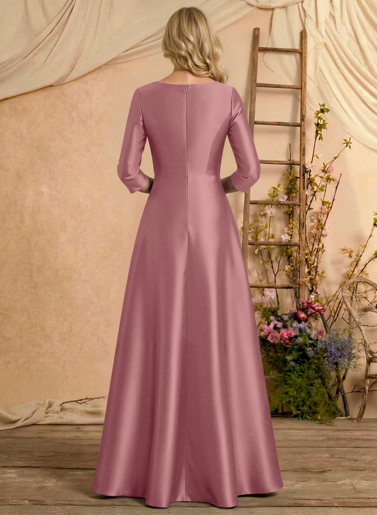 A-Line V-Neck 3/4 Sleeves Floor-Length Satin Mother Of The Bride Dresses With Rhinestone/High Split
