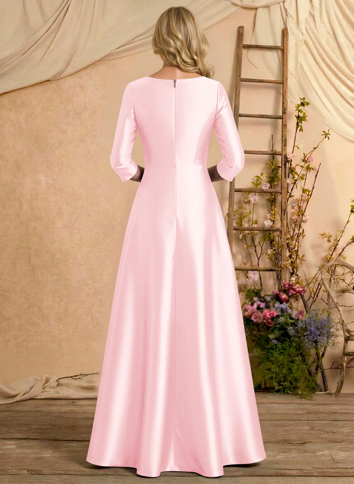 A-Line V-Neck 3/4 Sleeves Floor-Length Satin Mother Of The Bride Dresses With Rhinestone/High Split